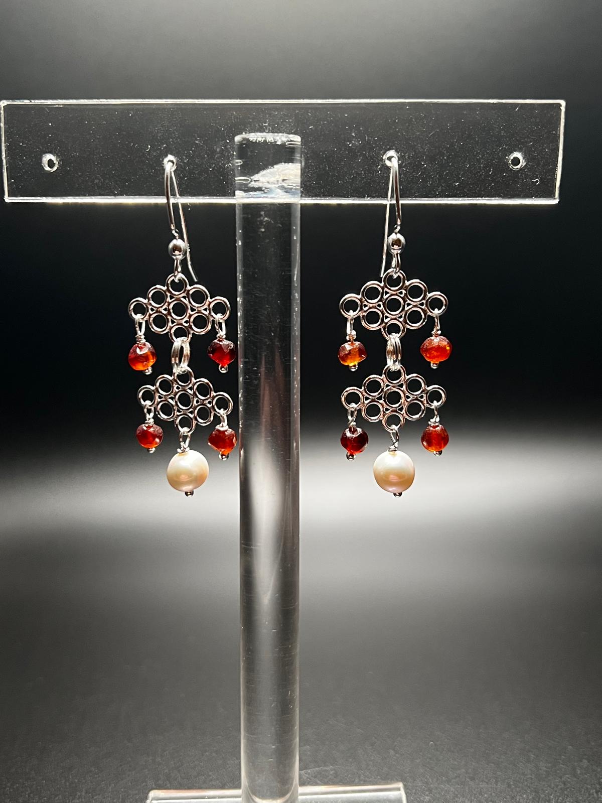 Hessonite Garnet, White Pearl, and Sterling Silver Chandelier Earrings