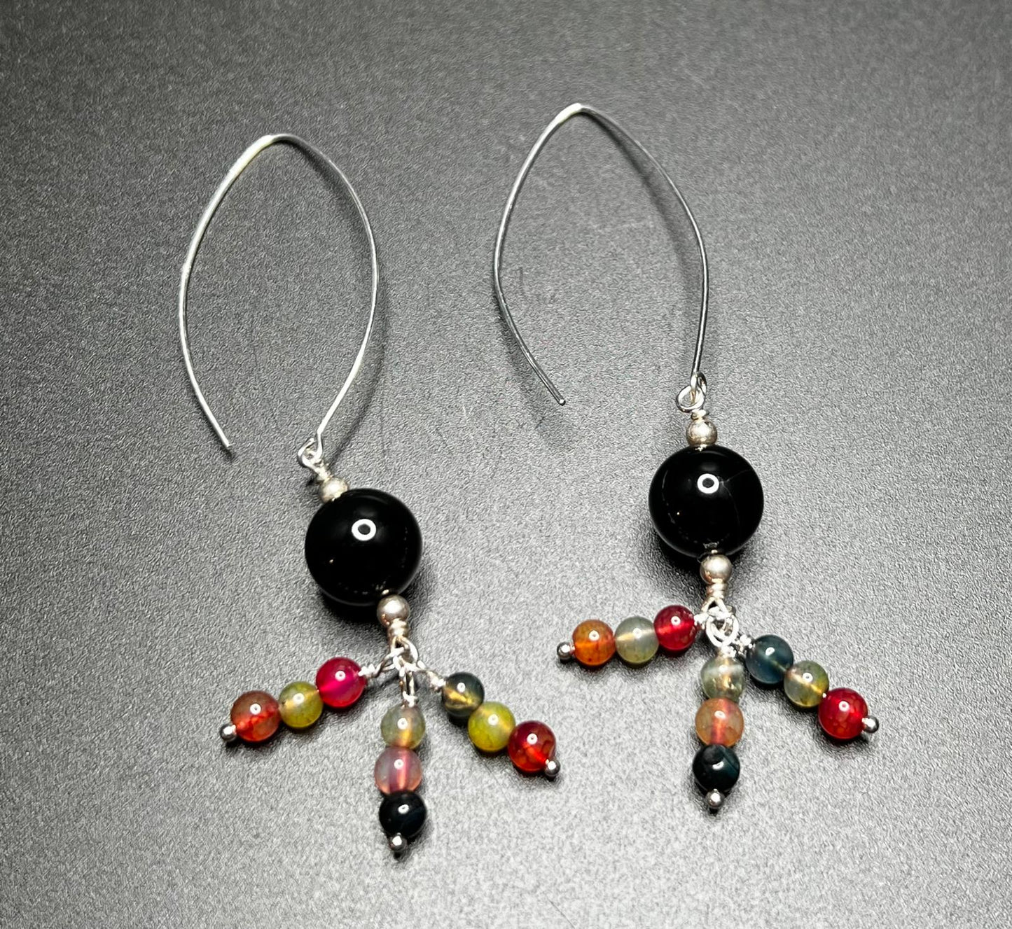Onyx, Multicolor Agate, and Sterling Silver Earrings