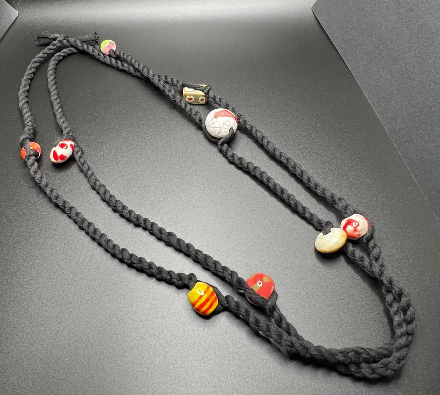 Citrus Ceramic Beads and Black Reclaimed Fabric Cordage Necklace