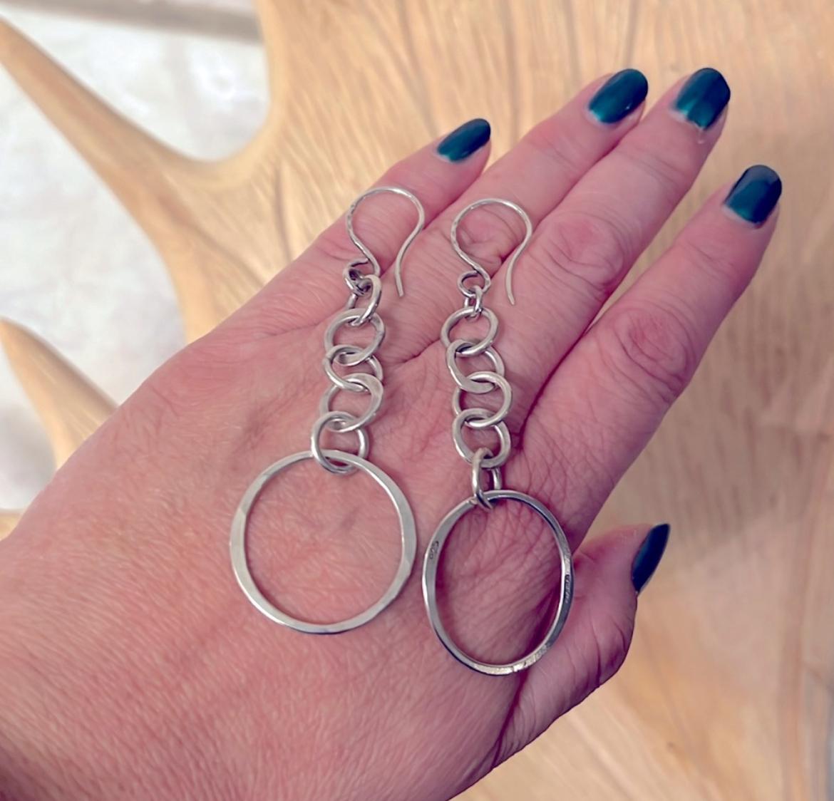 Vintage Sterling Silver Drop Hoop Chain Earrings