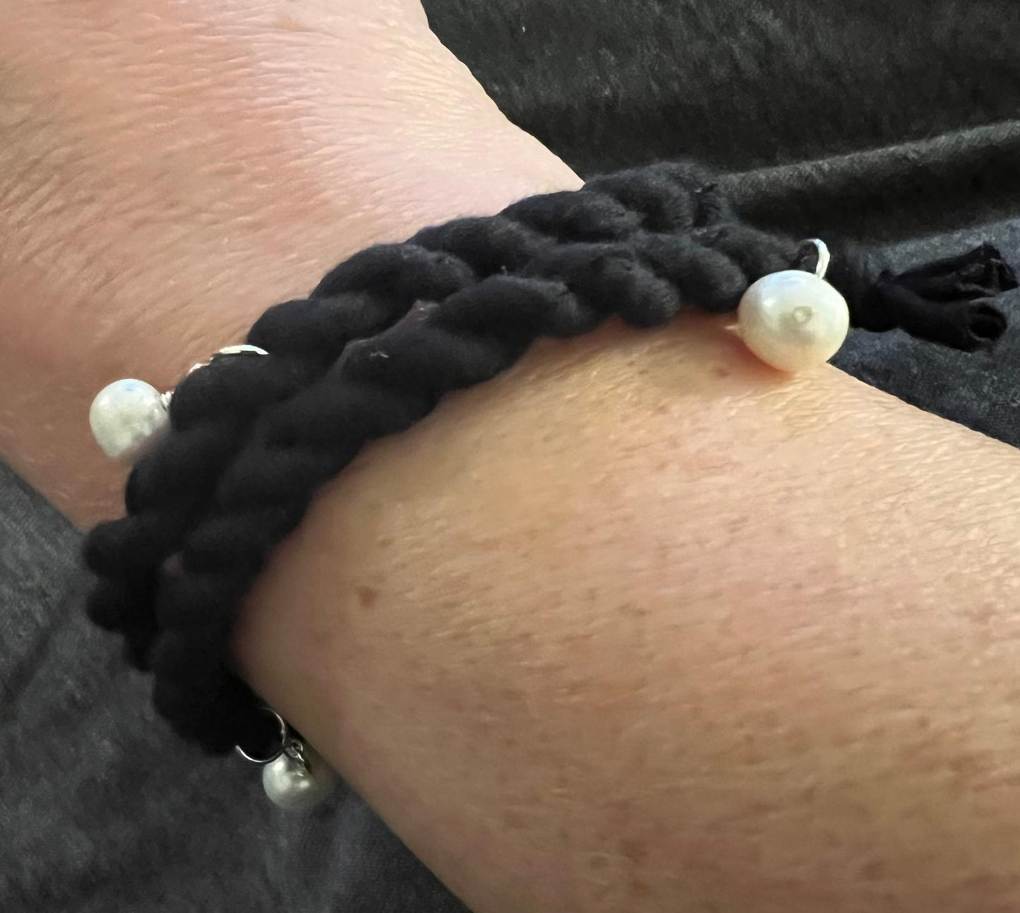 White Pearl, Sterling Silver, Black Cordage Convertible Choker to Bracelet