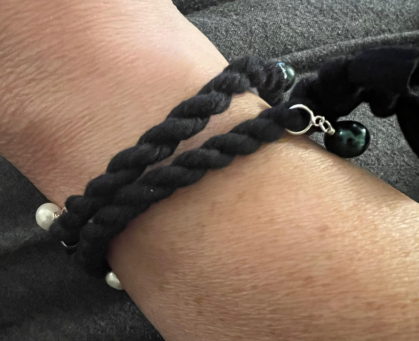 White & Navy Pearl, Sterling Silver, Black Cordage Convertible Choker to Bracelet