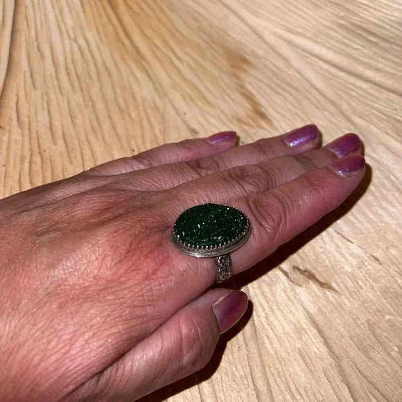 Artisan Green Garnet Druzy Sterling Silver Ring