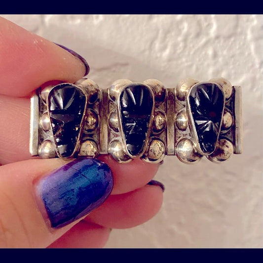Vintage Mexican Sterling and Onyx Mask Brooch