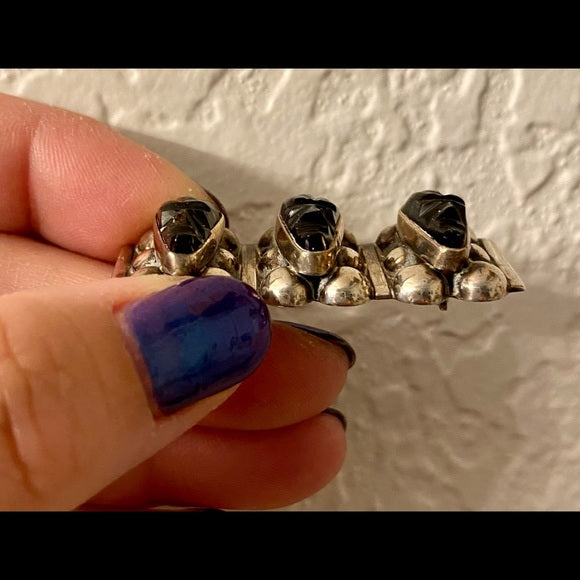 Vintage Mexican Sterling and Onyx Mask Brooch