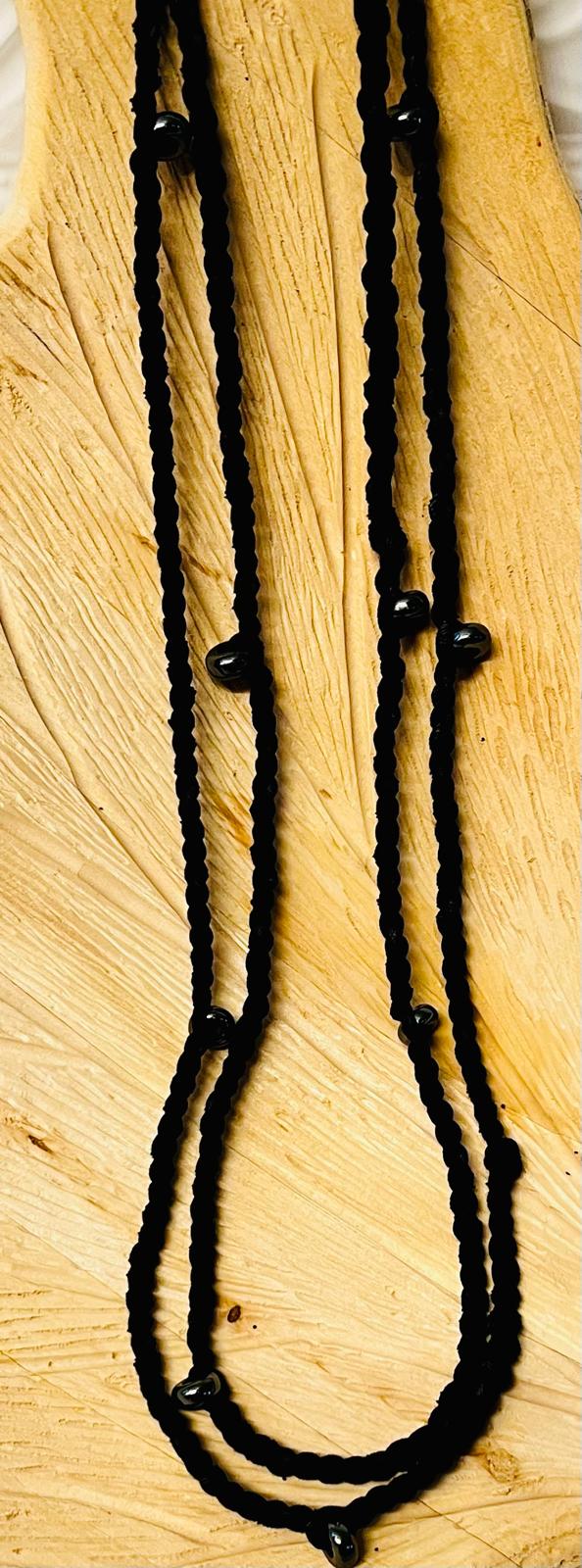 Hematite and Charcoal Reclaimed Fabric Cordage Convertible Necklace to Bracelet