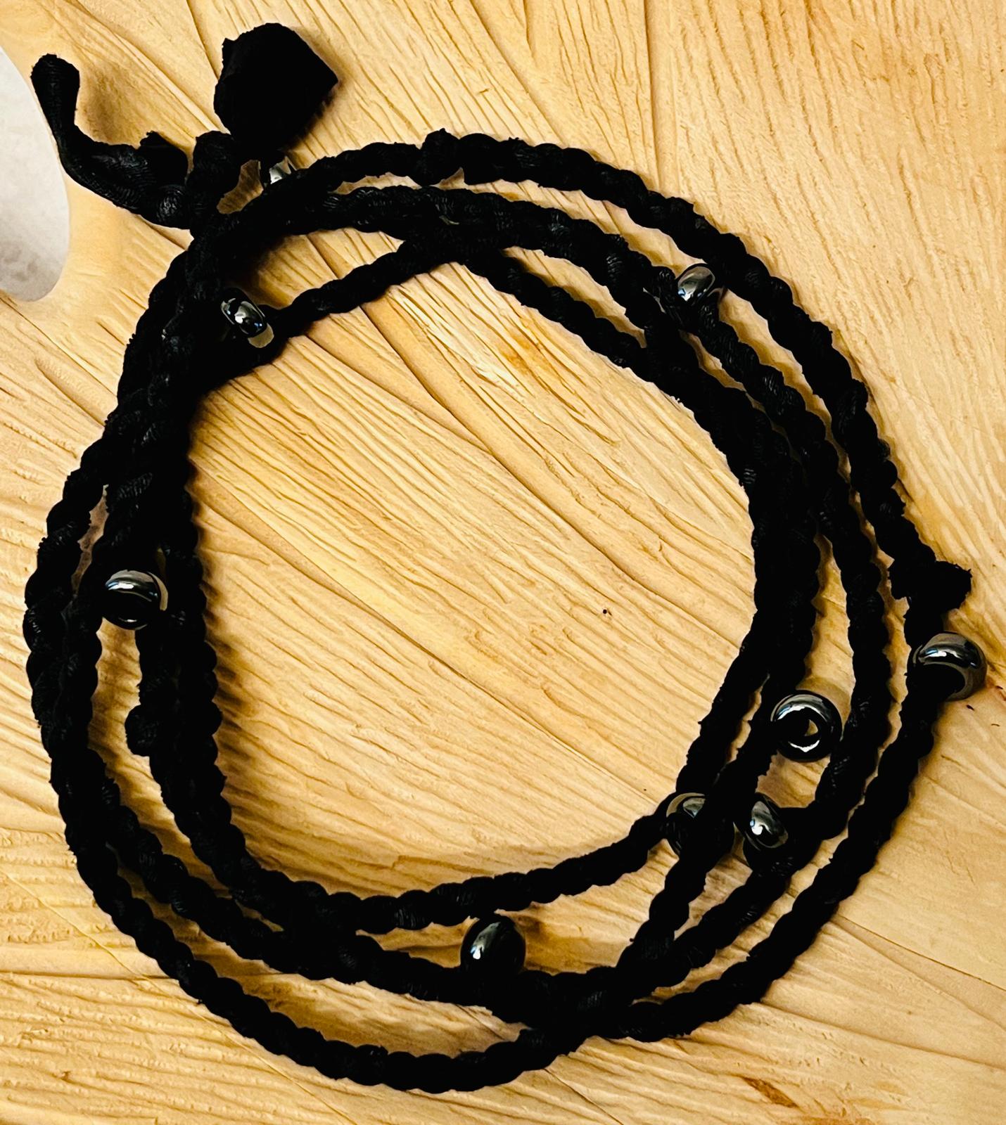 Hematite and Charcoal Reclaimed Fabric Cordage Convertible Necklace to Bracelet