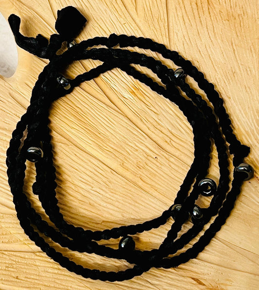 Hematite and Charcoal Reclaimed Fabric Cordage Convertible Necklace to Bracelet