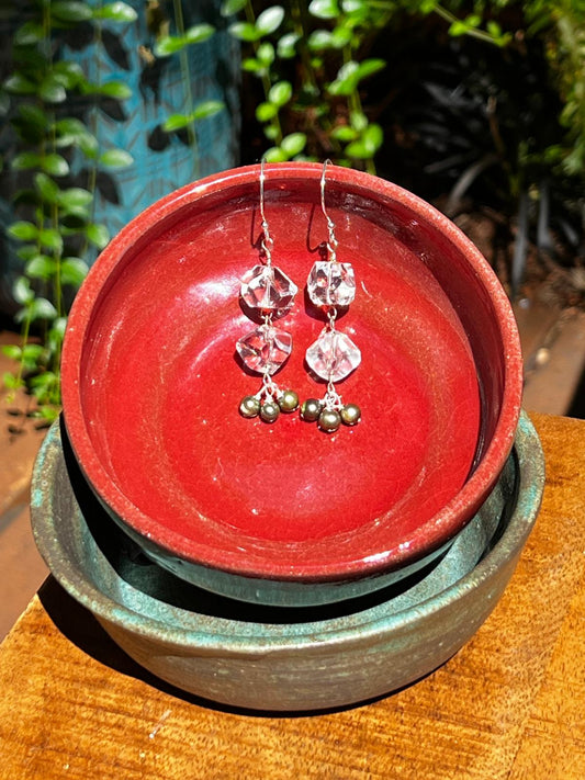 Olive Pearl, Clear Quartz, and Sterling Silver Earrings