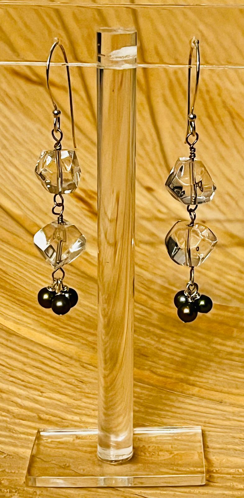 Olive Pearl, Clear Quartz, and Sterling Silver Earrings