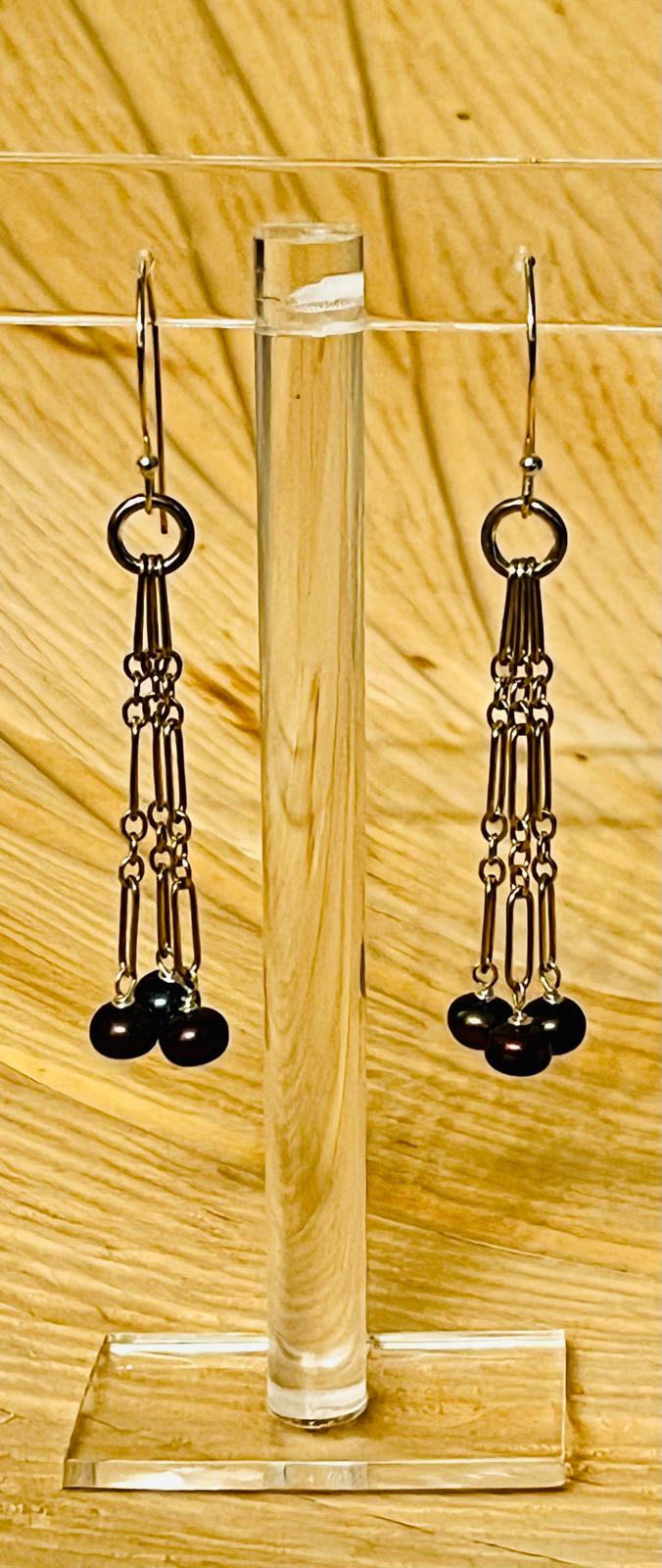 Peacock Pearl and Sterling Silver Three Chain Drop Earrings