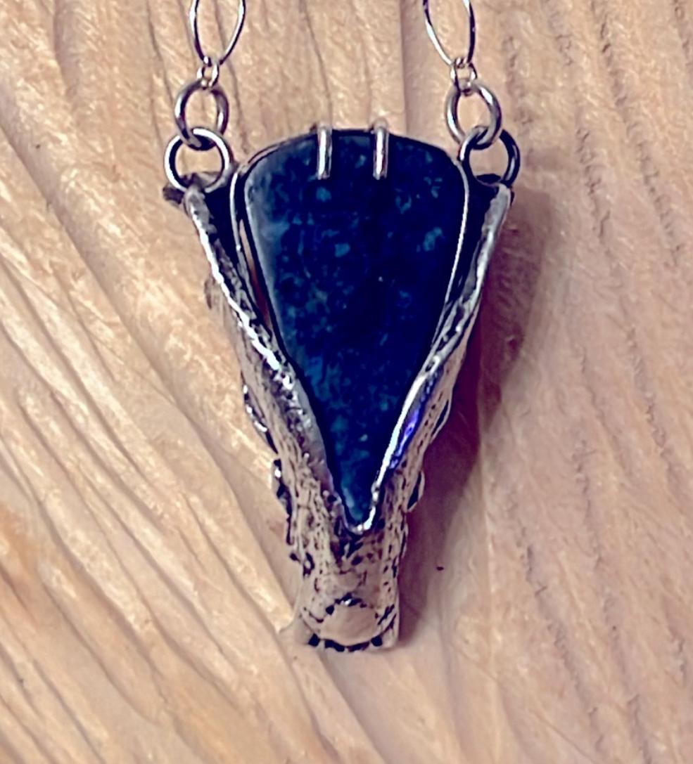 Artisan Dumortierite and Sterling Silver Cast Stoat Jaw Necklace