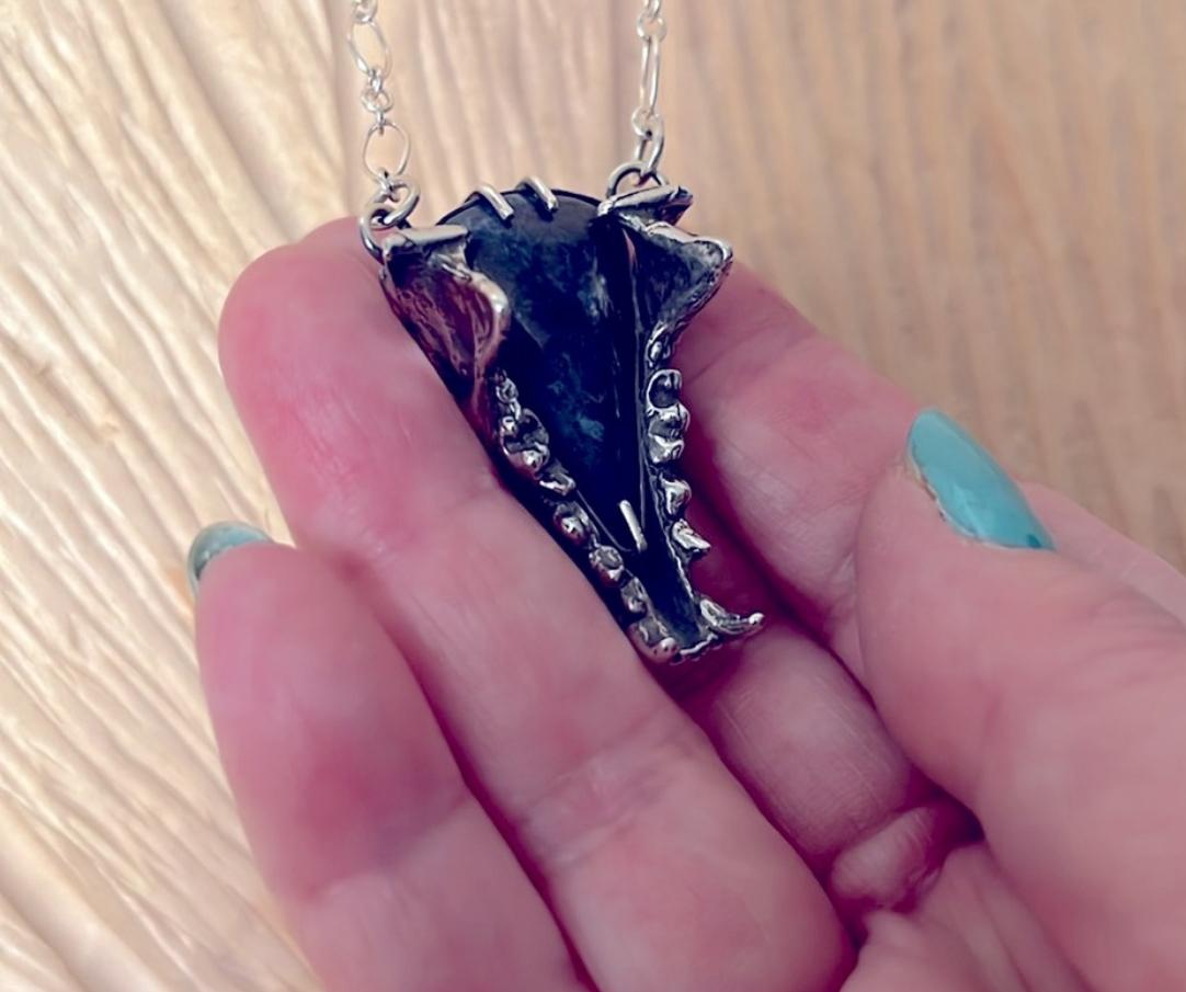 Artisan Dumortierite and Sterling Silver Cast Stoat Jaw Necklace