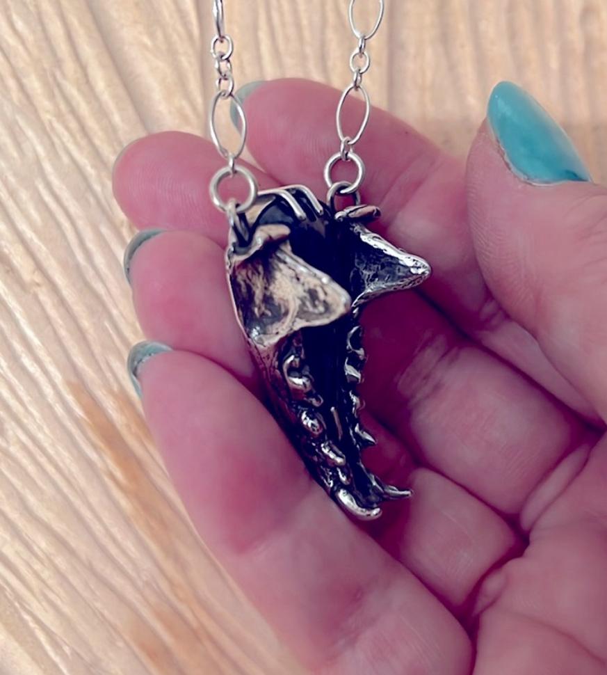 Artisan Dumortierite and Sterling Silver Cast Stoat Jaw Necklace