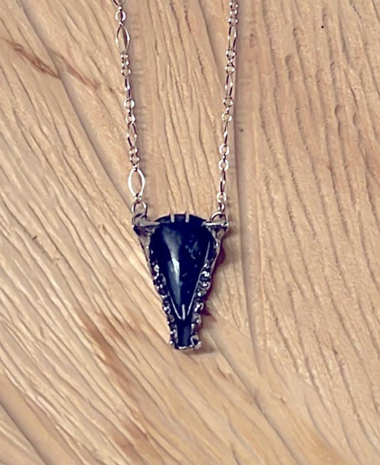 Artisan Dumortierite and Sterling Silver Cast Stoat Jaw Necklace