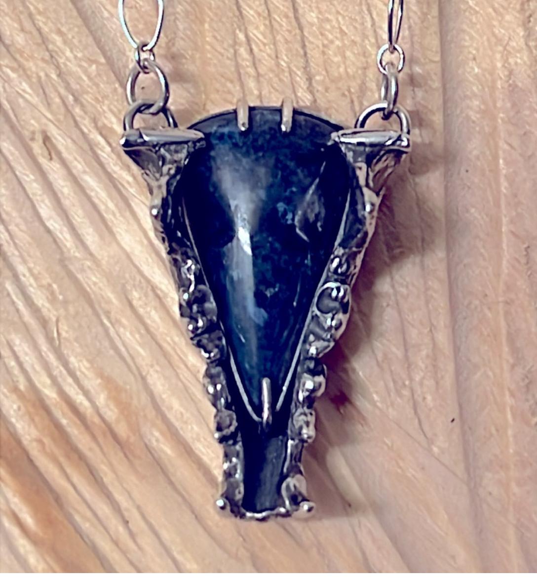 Artisan Dumortierite and Sterling Silver Cast Stoat Jaw Necklace