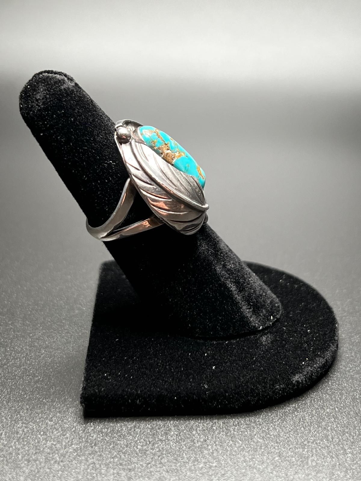 Vintage Navajo Royston Turquoise Sterling Silver Feather Ring