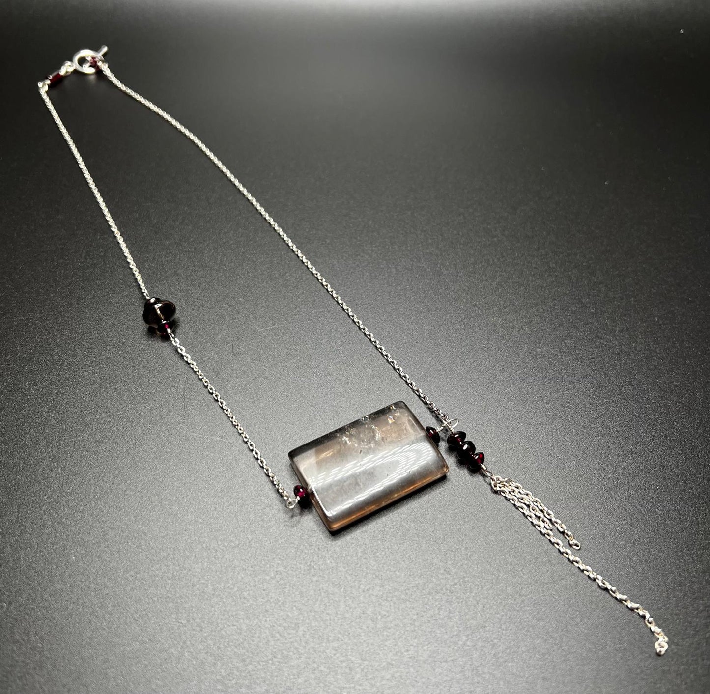 Garnet, Smoky Quartz, Sterling Silver Asymmetrical Necklace