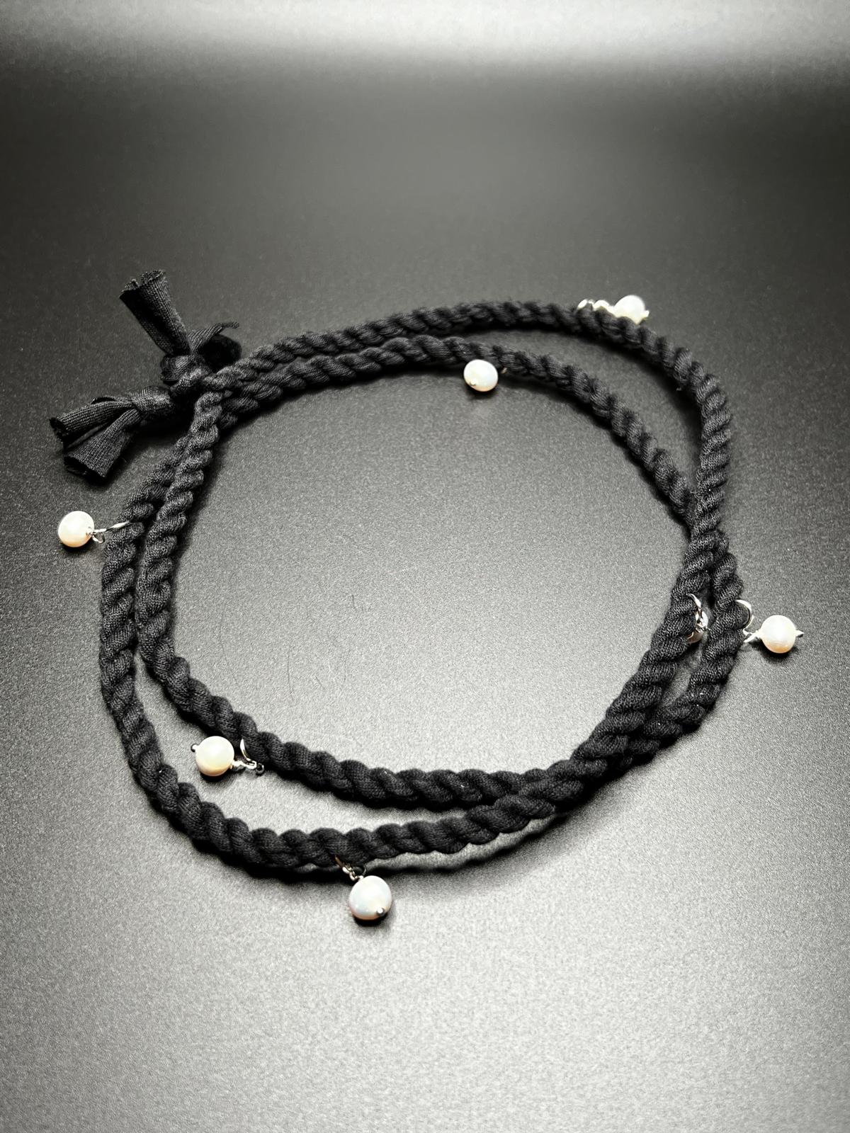 White Pearl, Sterling Silver, Black Cordage Necklace