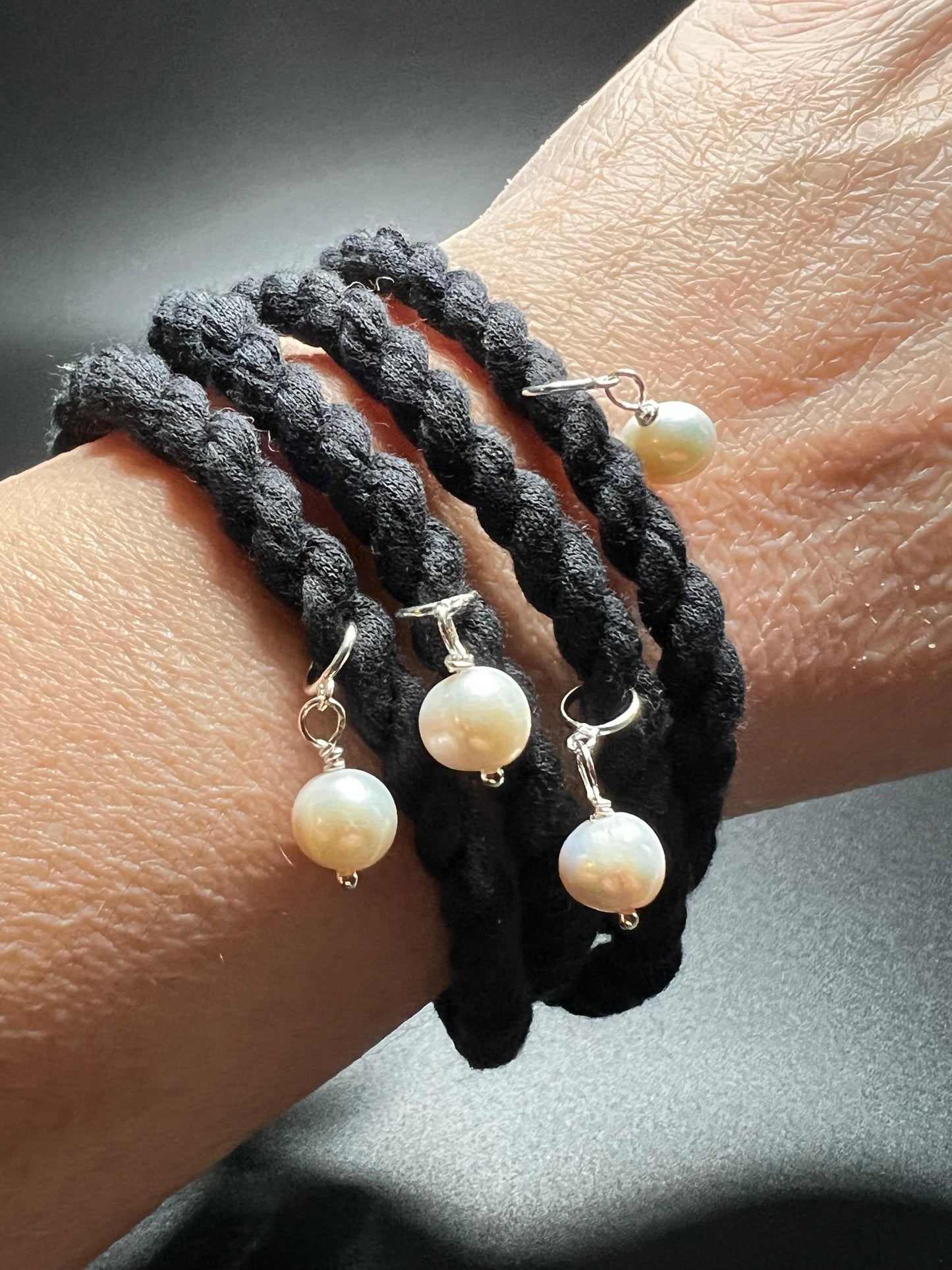 White Pearl, Sterling Silver, Black Cordage Necklace