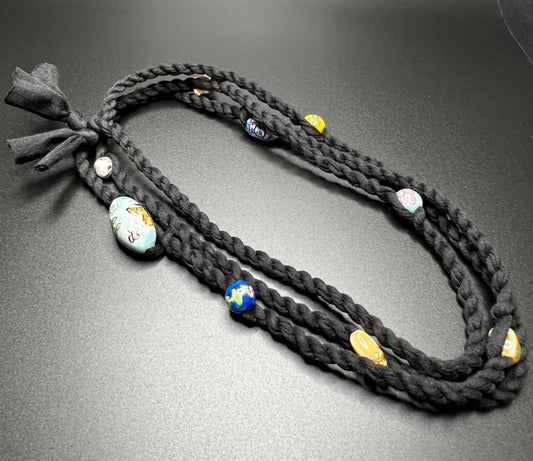 Vintage Chinese Ceramic Beads and Black Reclaimed Fabric Cordage Necklace #2