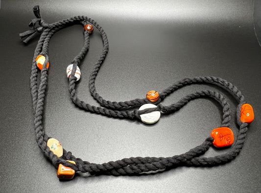 Vintage Chinese Ceramic Beads and Black Reclaimed Fabric Cordage Necklace #1