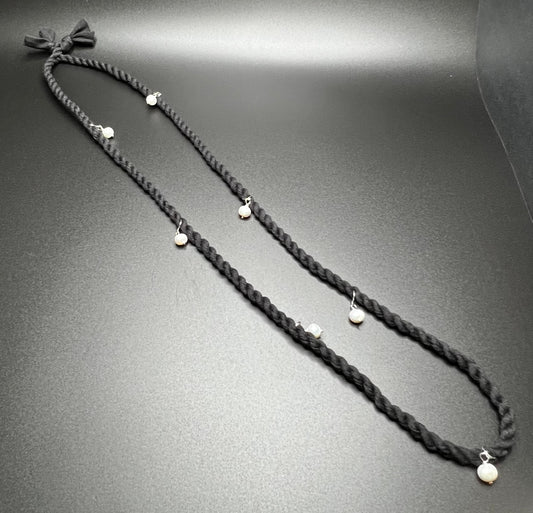 White Pearl, Sterling Silver, Black Cordage Necklace
