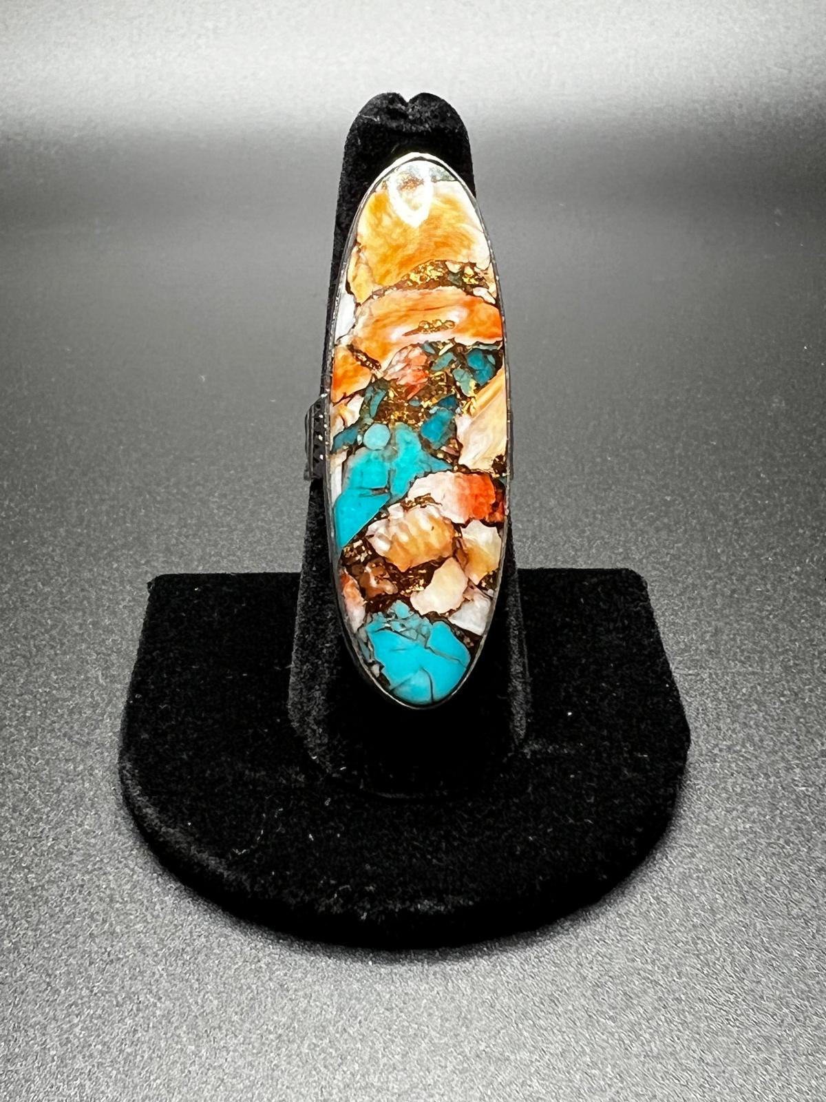 Artisan Navajo P Yazzie Spiny Oyster and Turquoise Sterling Silver Ring