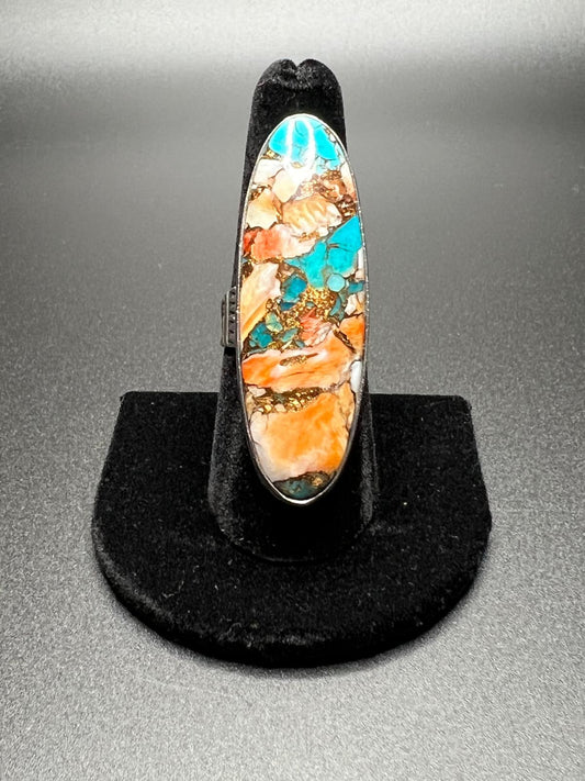 Artisan Navajo P Yazzie Spiny Oyster and Turquoise Sterling Silver Ring