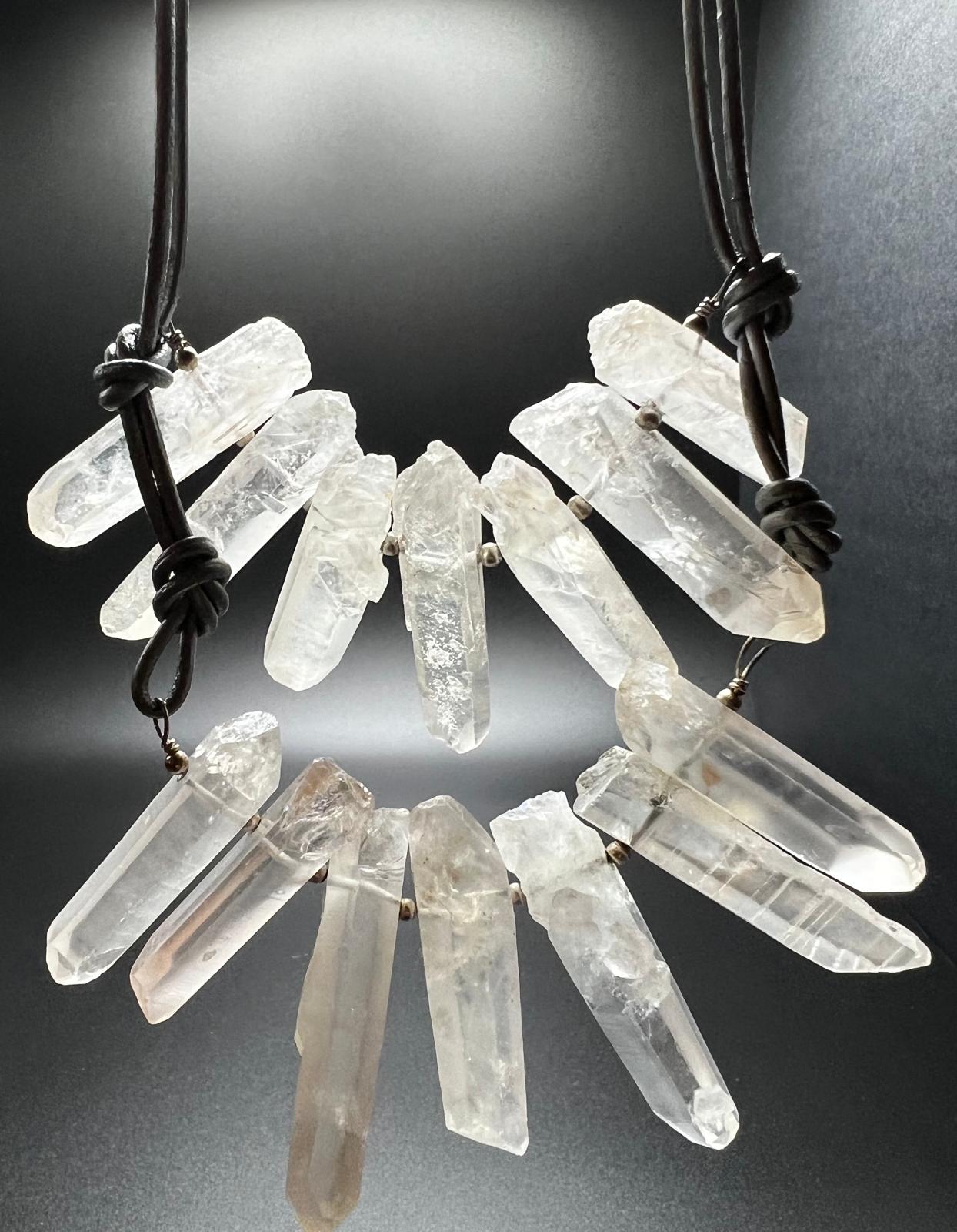 Titanium Quartz, Silver Leather, Sterling Silver Bib Necklace