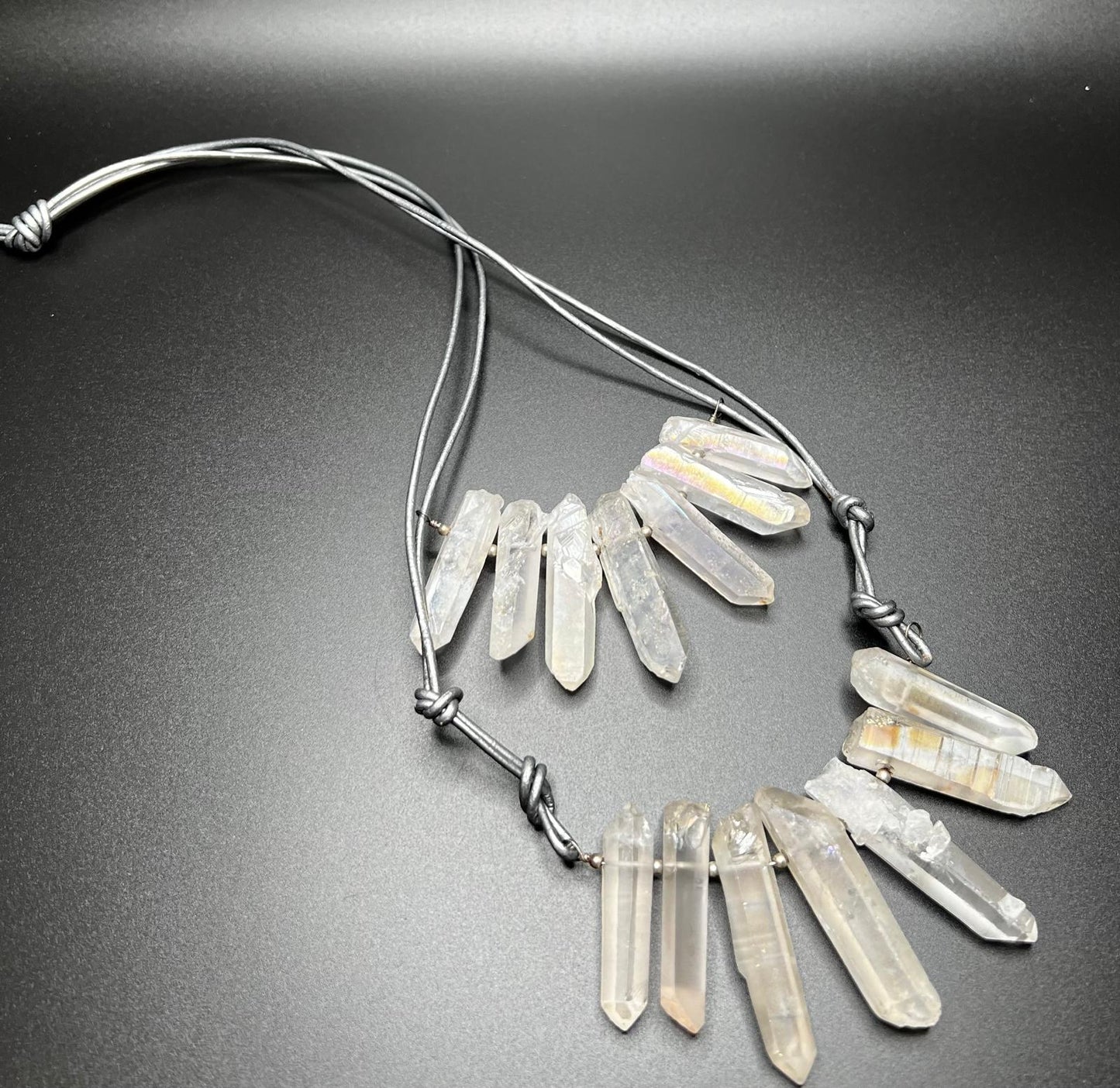 Titanium Quartz, Silver Leather, Sterling Silver Bib Necklace