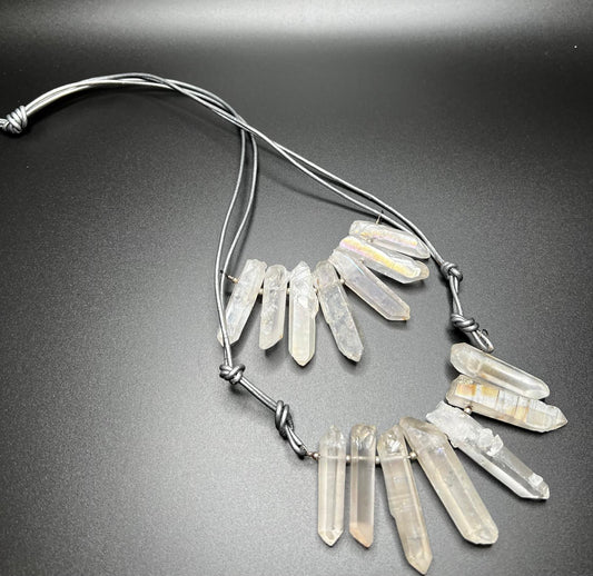 Titanium Quartz, Silver Leather, Sterling Silver Bib Necklace