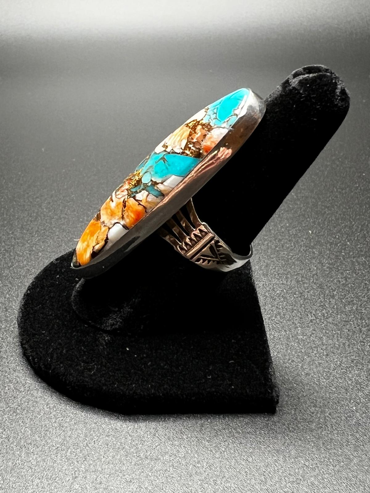 Artisan Navajo P Yazzie Spiny Oyster and Turquoise Sterling Silver Ring