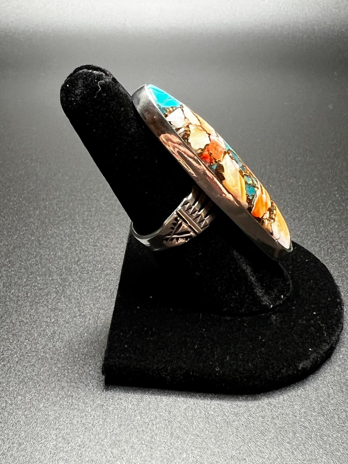 Artisan Navajo P Yazzie Spiny Oyster and Turquoise Sterling Silver Ring