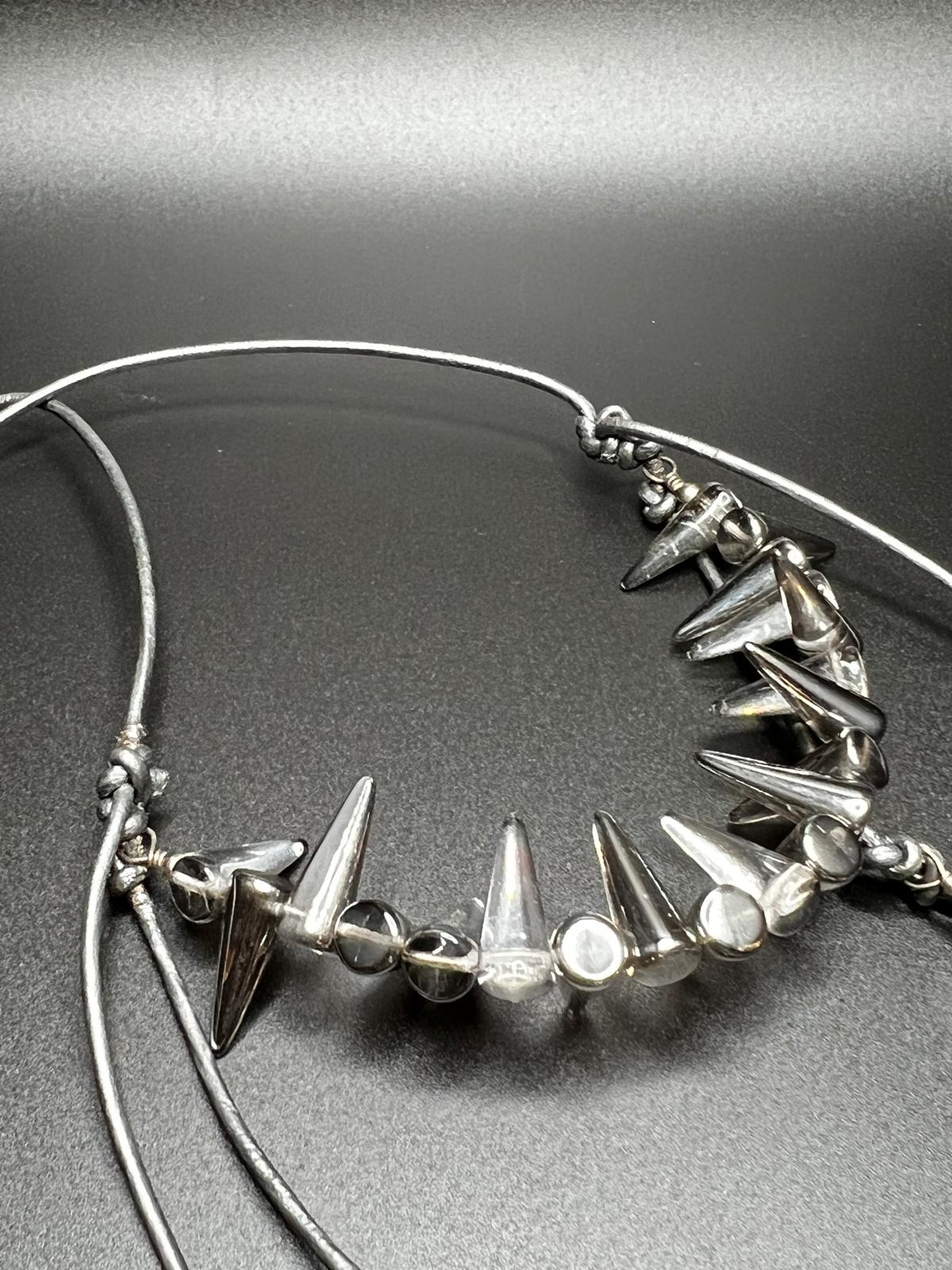 Swarovski Crystal Cones, Silver Leather, Sterling Silver Bib Necklace