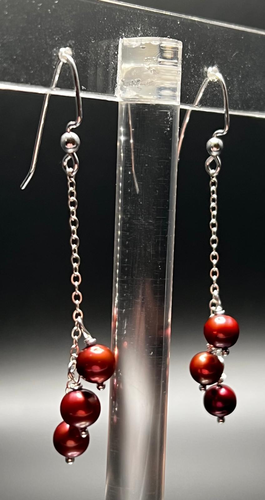 Wine Pearl and Sterling Silver Chain Earrings