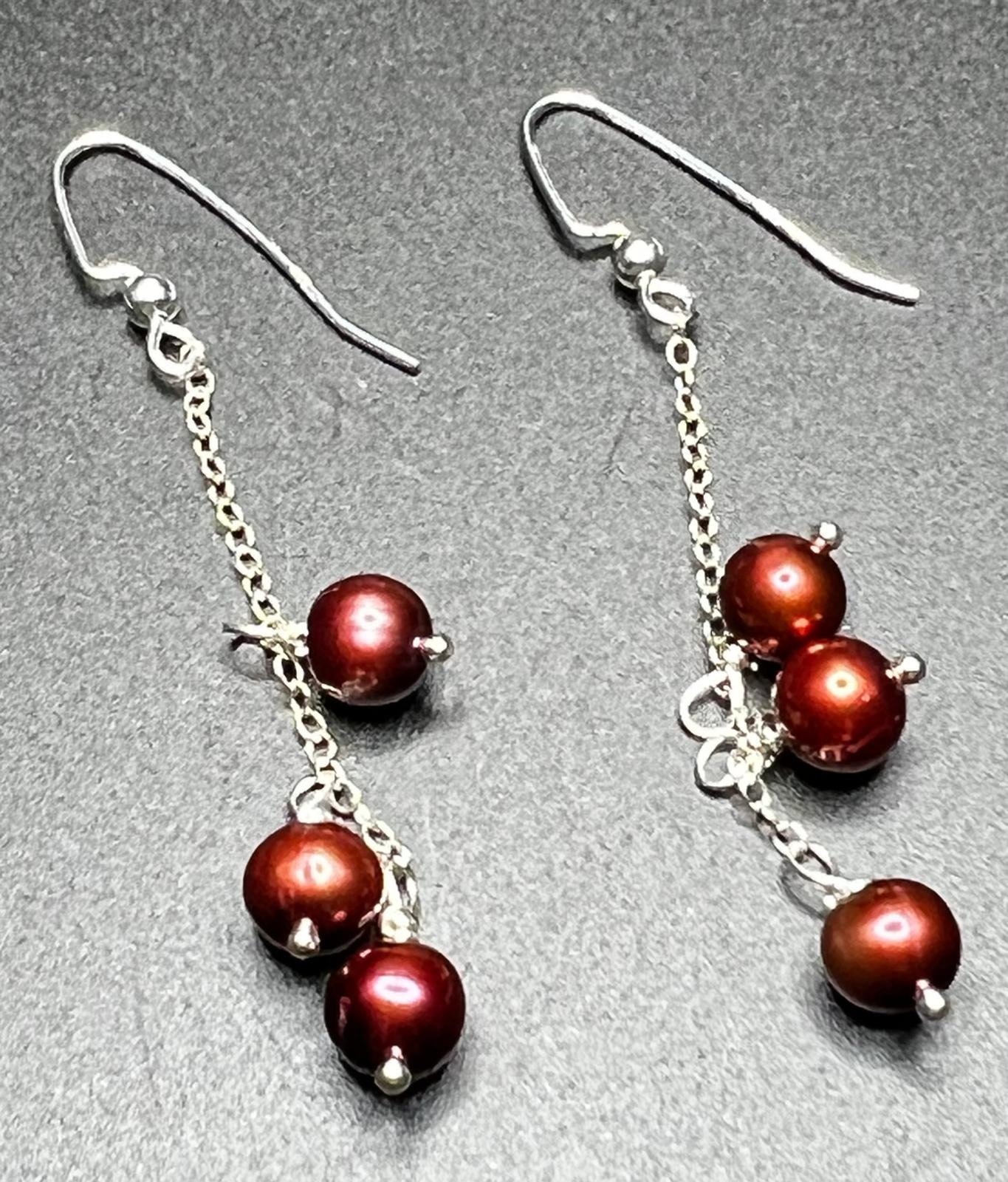 Wine Pearl and Sterling Silver Chain Earrings