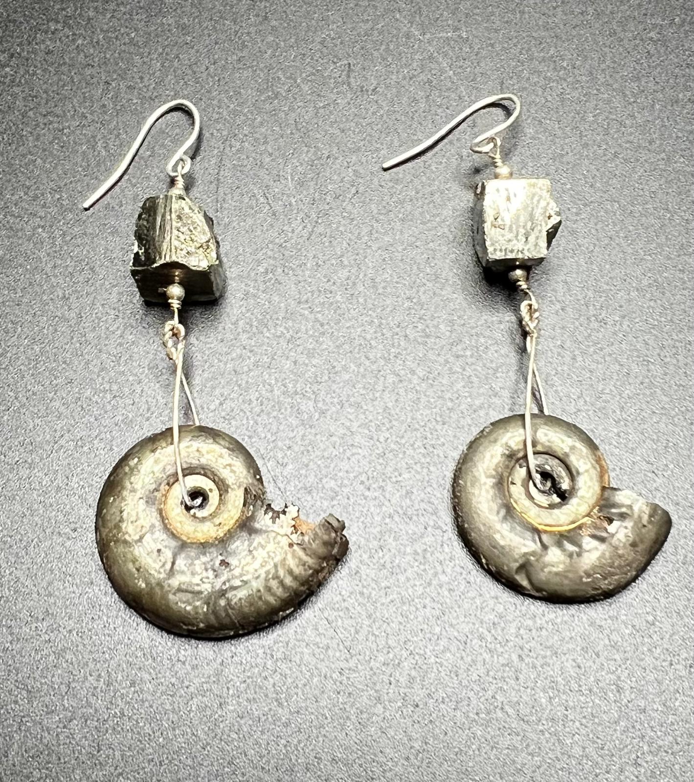 Pyritized Ammonite, Pyrite, and Sterling Silver Earrings