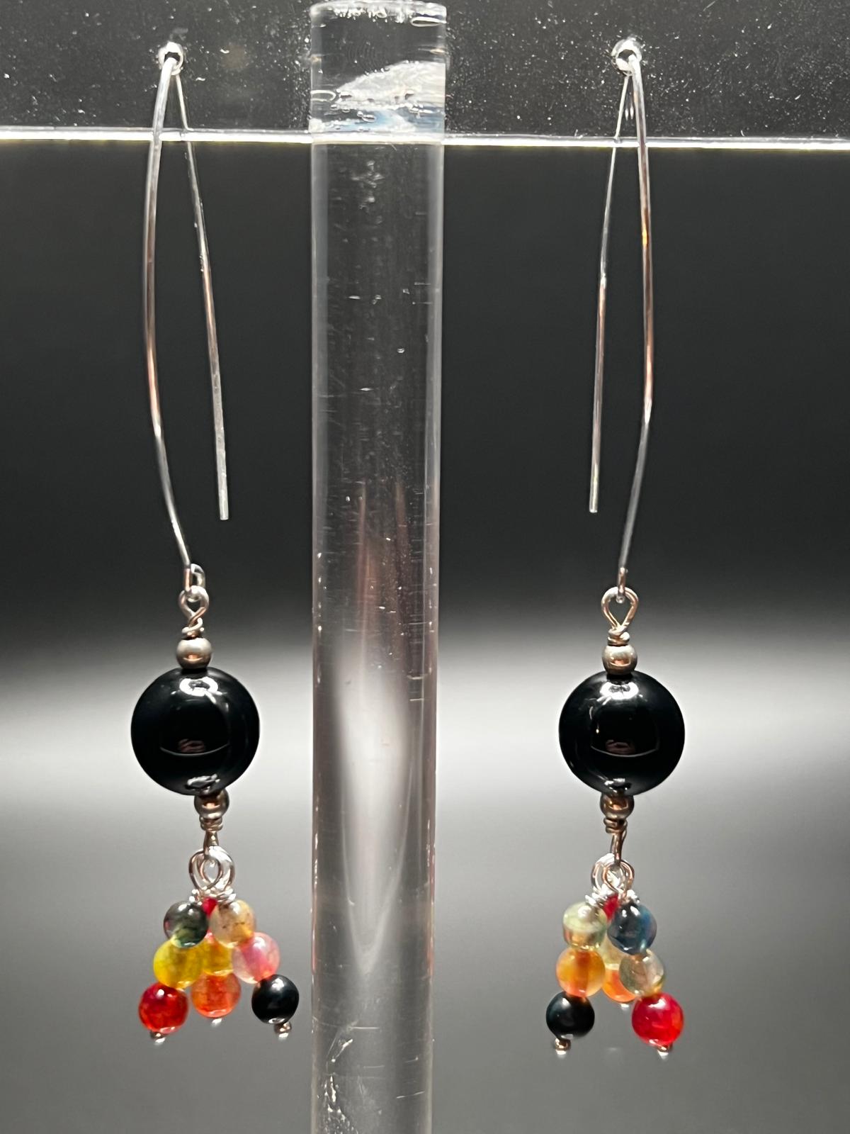 Onyx, Multicolor Agate, and Sterling Silver Earrings