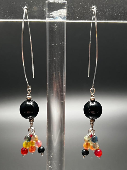 Onyx, Multicolor Agate, and Sterling Silver Earrings