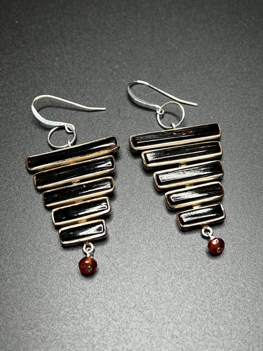 Hessonite Garnet, Vintage Black Coral, and Sterling Silver Earrings