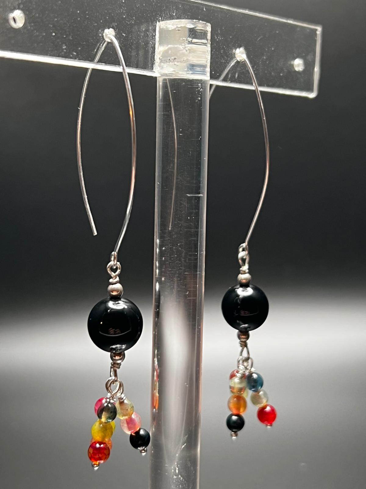 Onyx, Multicolor Agate, and Sterling Silver Earrings