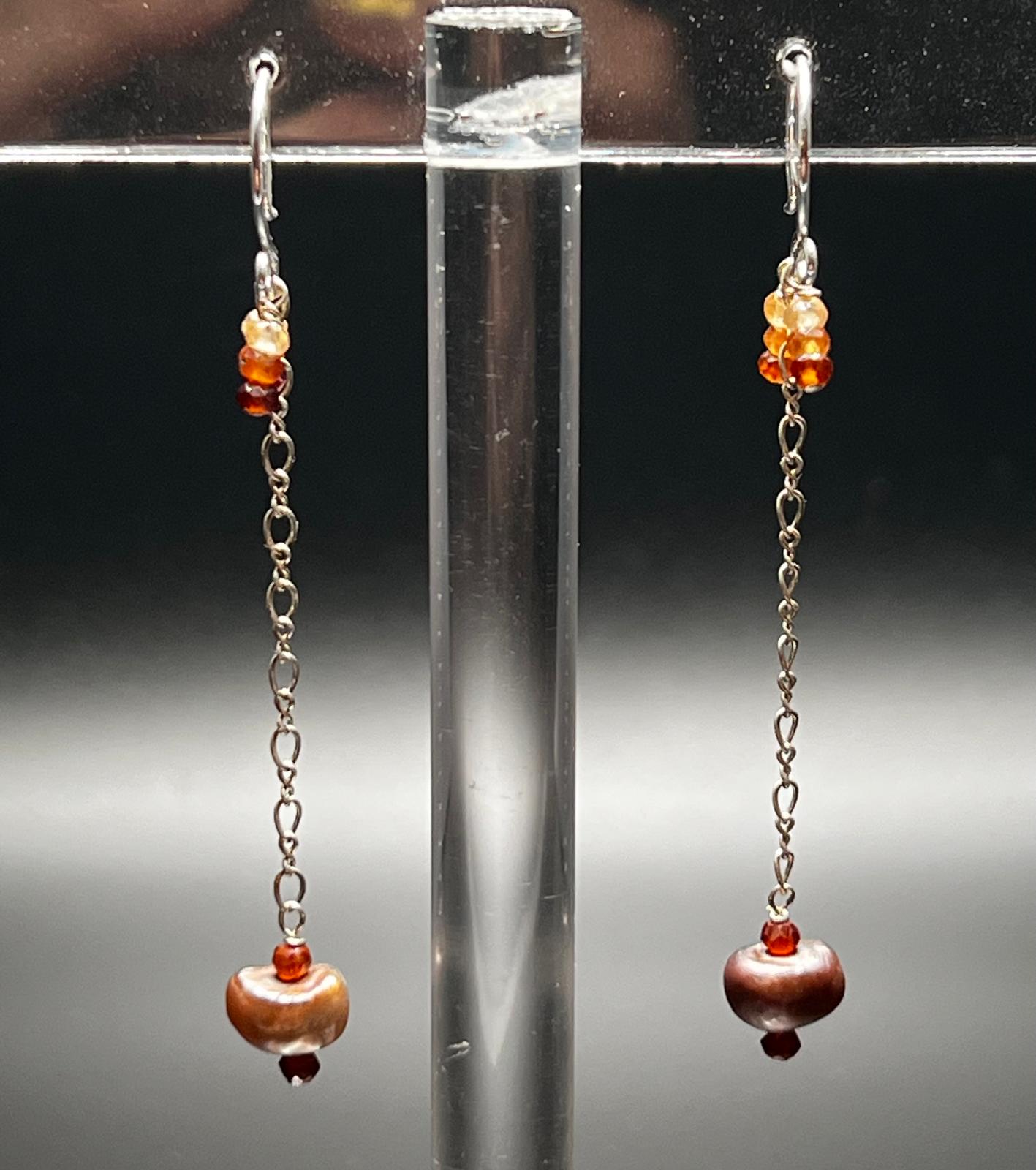 Hessonite Garnet, Bronze Pearl, and Sterling Silver Chain Earrings