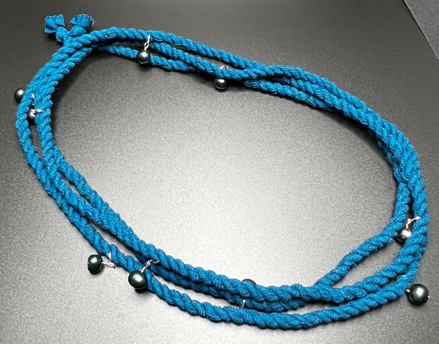 Dark Peacock Blue Pearl, Sterling Silver, Cordage Necklace