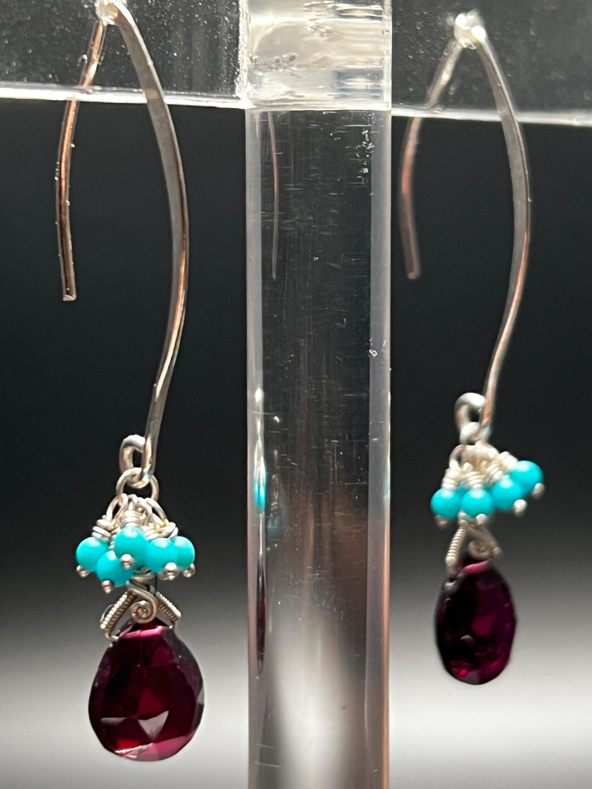 Garnet, Sleeping Beauty Turquoise, and Sterling Silver Earrings
