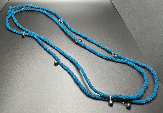 Dark Peacock Blue Pearl, Sterling Silver, Cordage Necklace