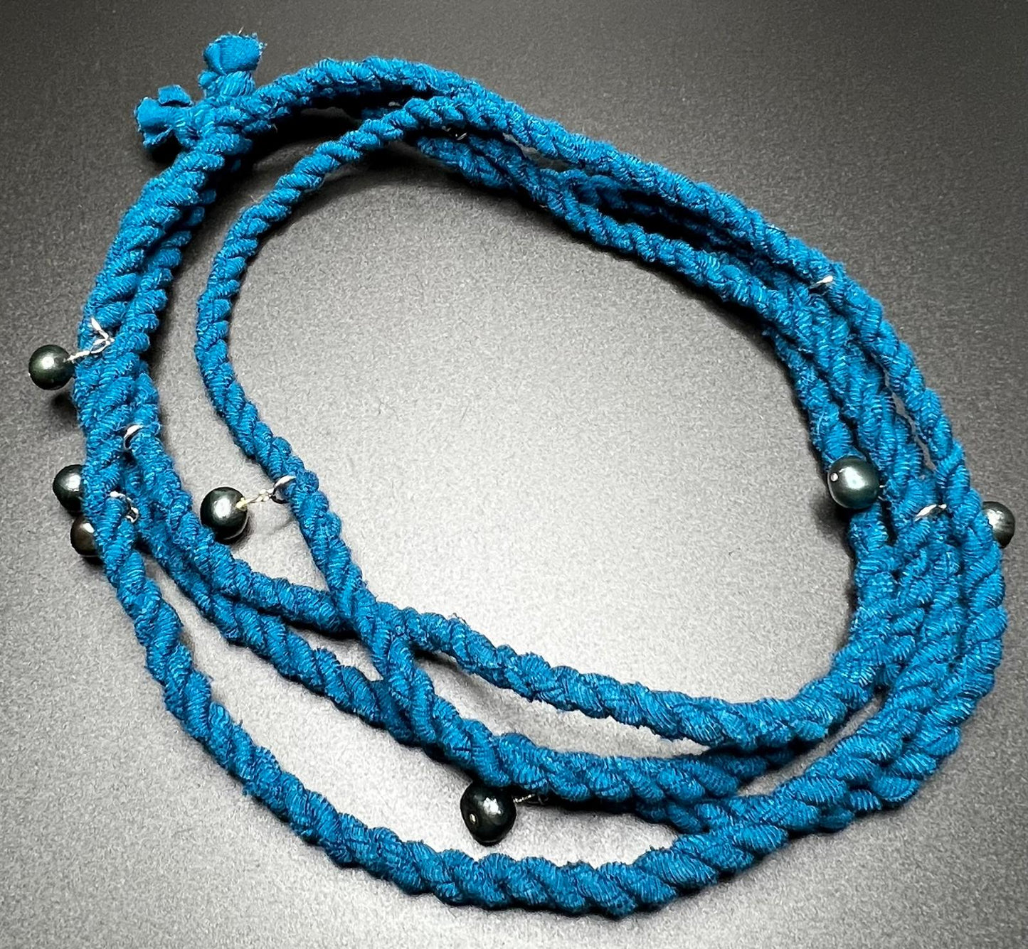 Dark Peacock Blue Pearl, Sterling Silver, Cordage Necklace