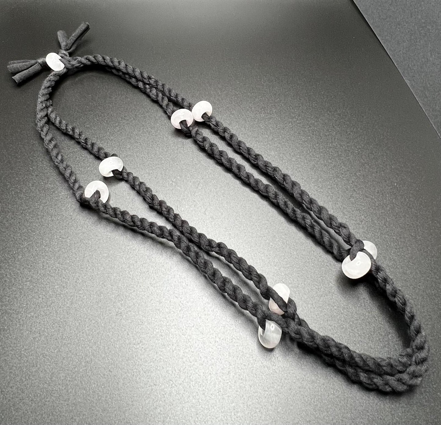 Rose Quartz and Black Reclaimed Fabric Cordage Necklace