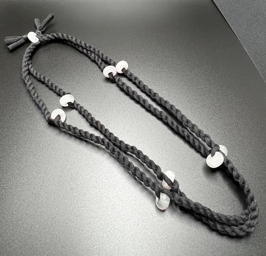 Rose Quartz and Black Reclaimed Fabric Cordage Necklace