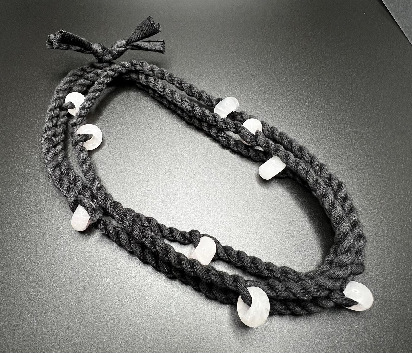 Rose Quartz and Black Reclaimed Fabric Cordage Necklace